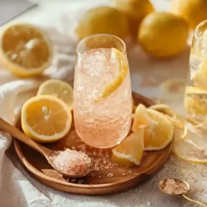 Pink salt recipe detox drink with lemon in morning light