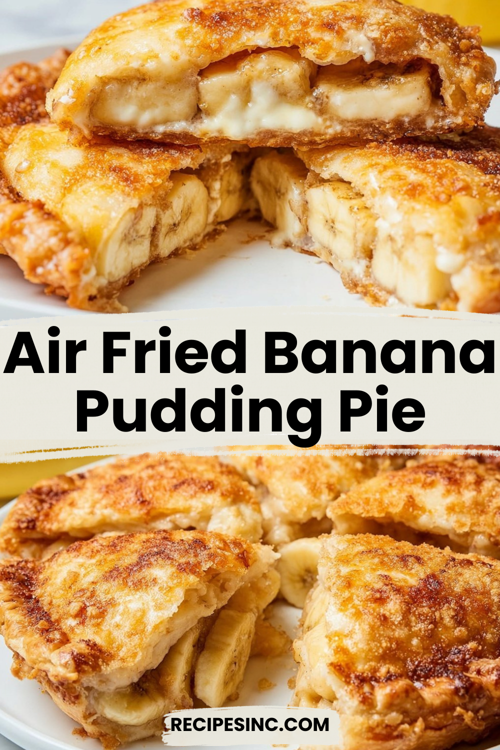 Delicious Air Fried Banana Pudding Pie served on a plate with whipped cream.