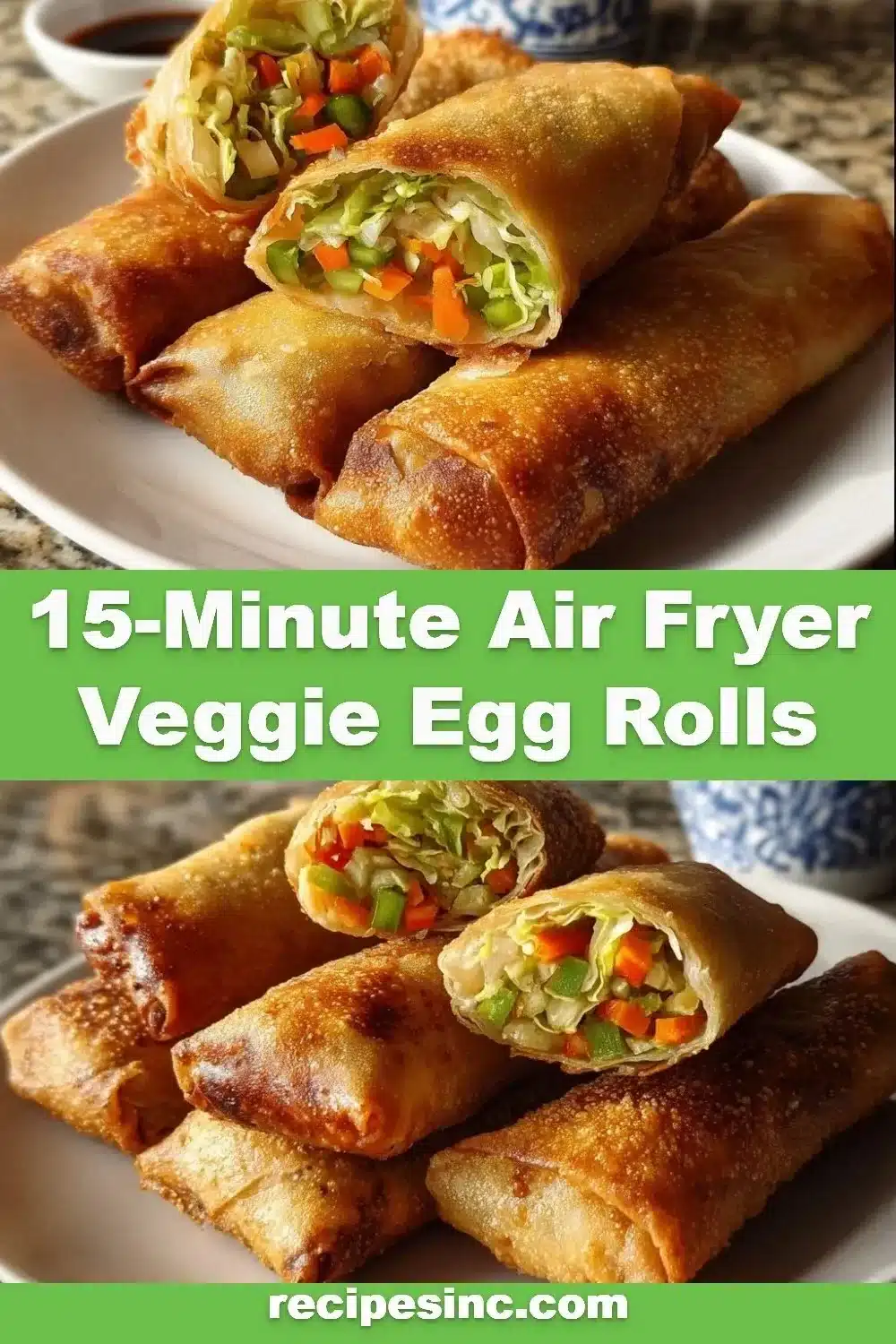 Crispy air fryer veggie egg rolls garnished with fresh herbs on a plate.
