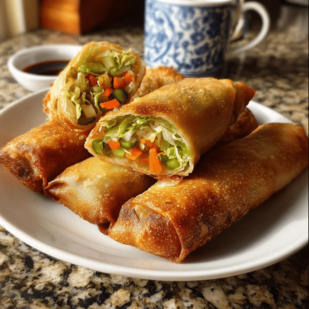 Crispy air fryer veggie egg rolls garnished with fresh herbs on a plate.