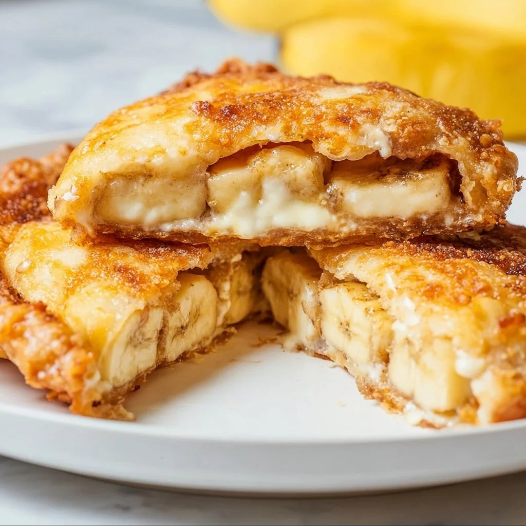 Delicious Air Fried Banana Pudding Pie served on a plate with whipped cream.