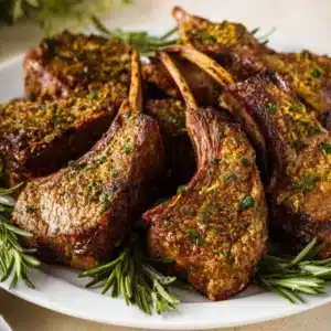 Air fried lamb chops garnished with herbs and served on a plate.