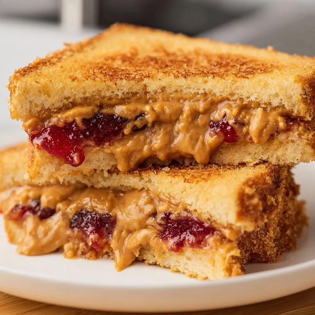 Air fried peanut butter and jelly sandwich served on a plate