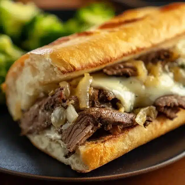 Air Fried Philly Cheesesteaks with melted cheese and grilled onions