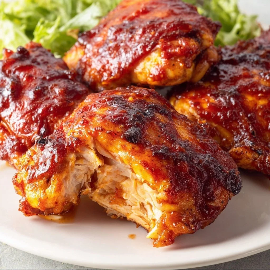 Air Fryer BBQ Chicken Thighs served on a plate with a side of vegetables