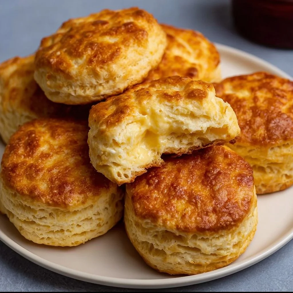 Fluffy air fryer biscuits served on a plate with butter and jam