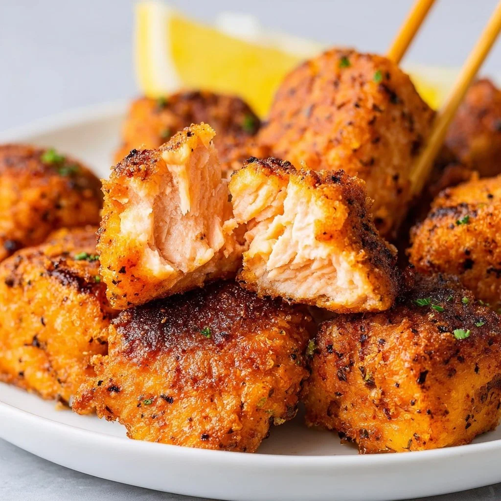 Air fryer blackened salmon bites served on a plate with lemon wedges.