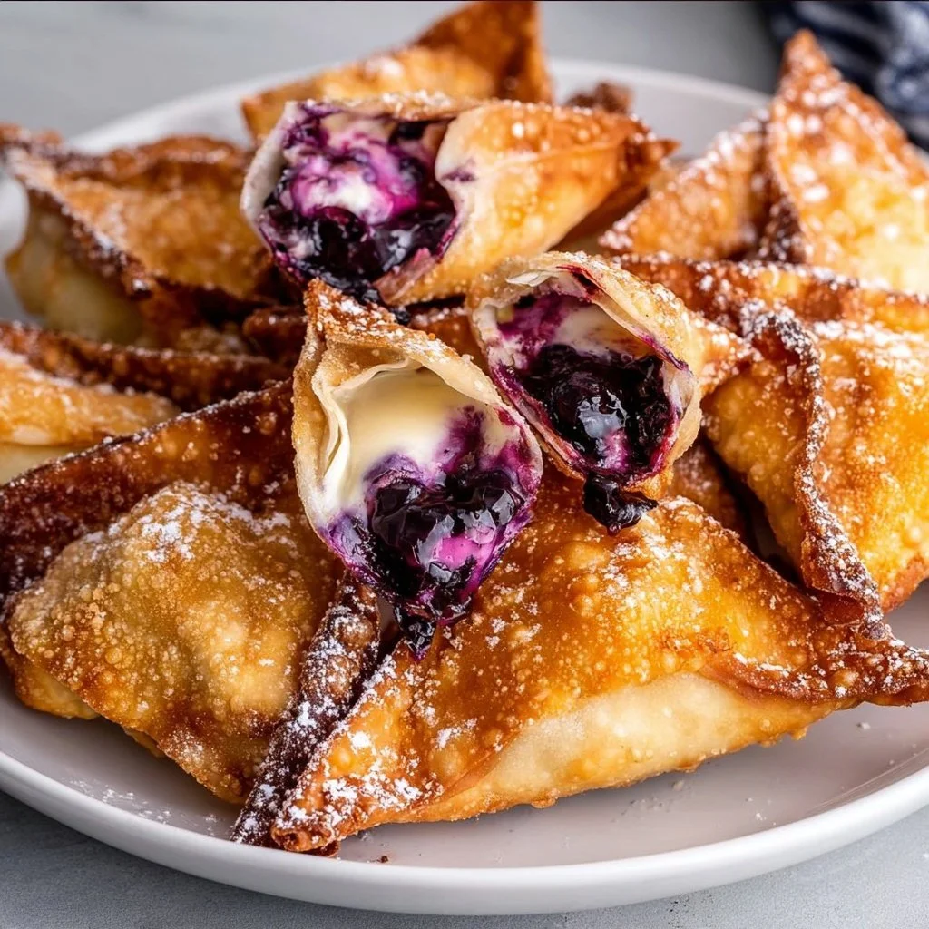 Air fryer blueberry cheesecake wontons served on a plate