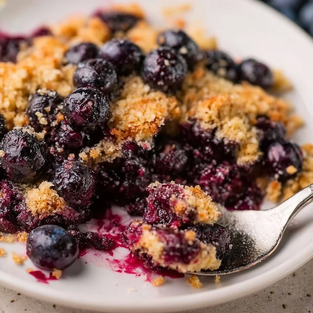 Air Fryer Blueberry Crisp dessert with fresh blueberries and crispy topping