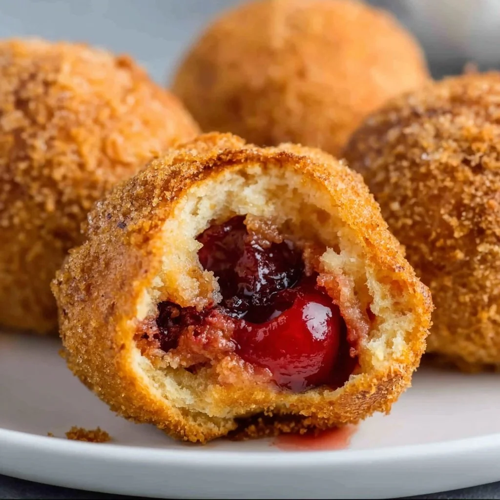 Air fryer cherry pie bombs fresh out of the fryer, golden and crispy.
