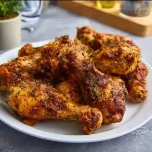 Crispy air fryer chicken drumsticks served with dipping sauce