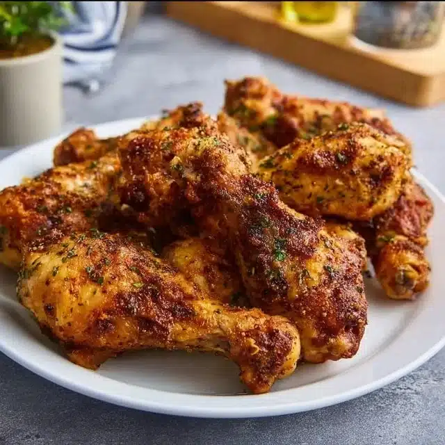 Crispy air fryer chicken drumsticks served with dipping sauce
