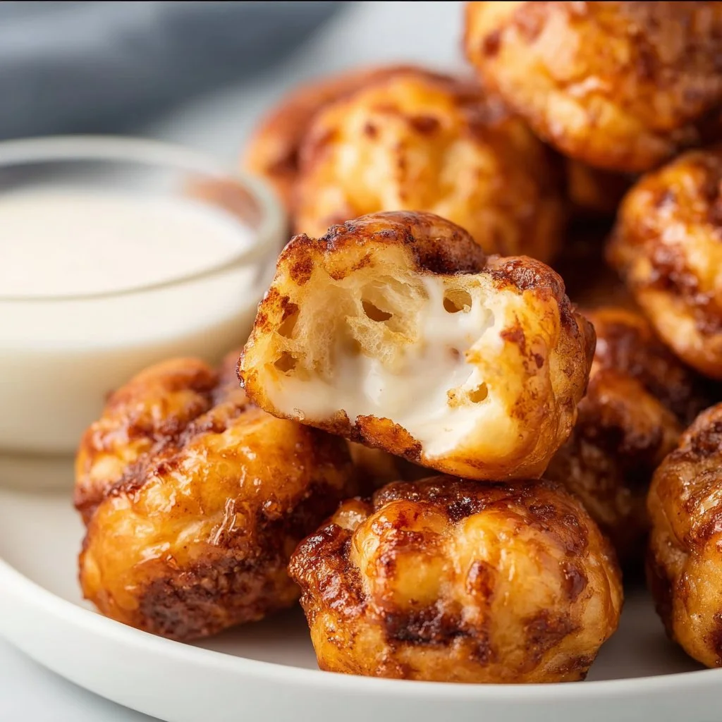 Air fryer cinnamon roll bites served on a plate with icing