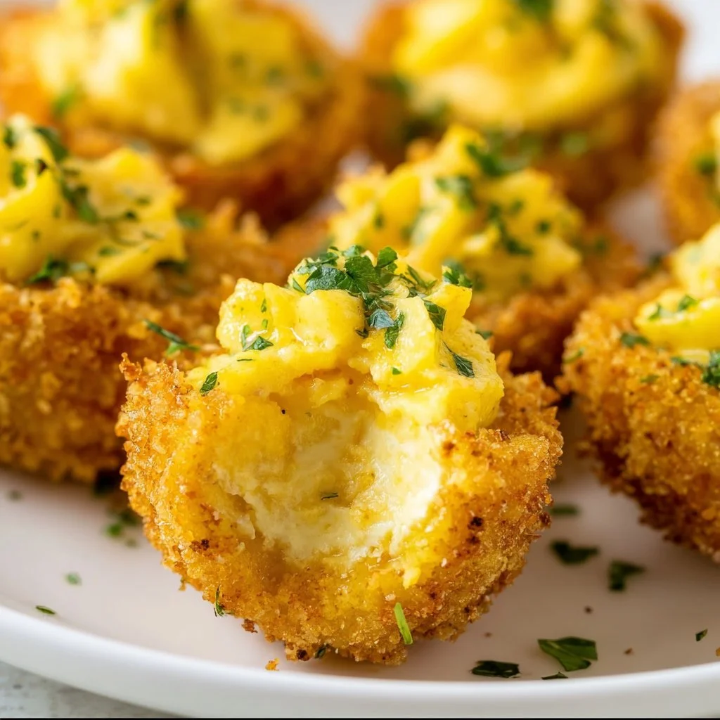 Air Fryer Deviled Eggs served on a platter with fresh herbs and spices.