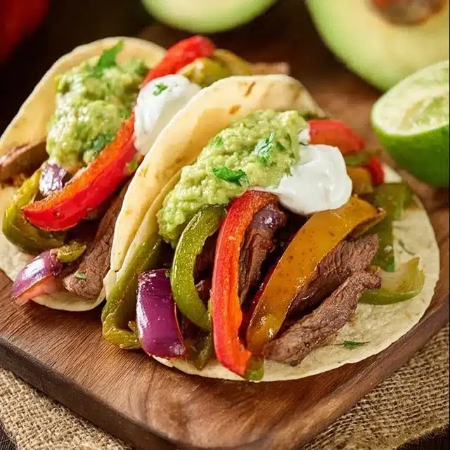 Delicious air fryer fajitas with chicken and vegetables served on a plate.