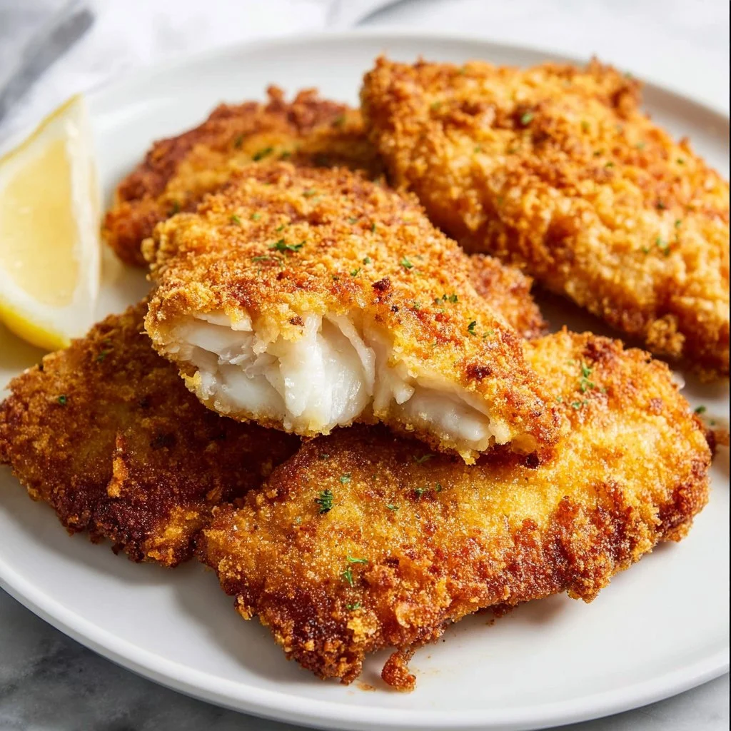 Crispy air fryer fish served with lemon and herbs