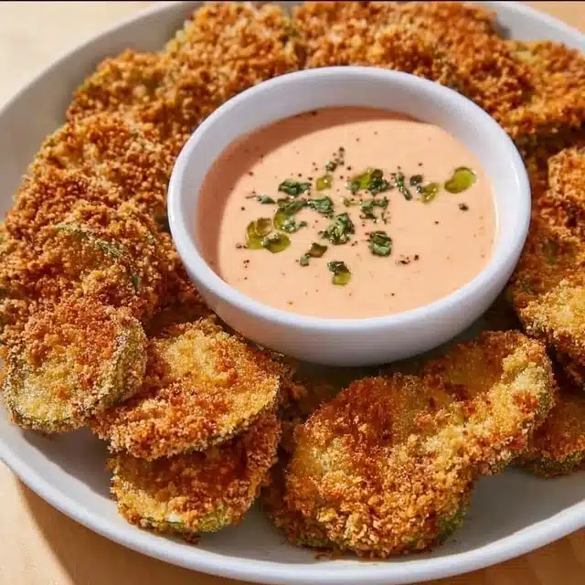 Crispy air fryer fried pickles served with dipping sauce.