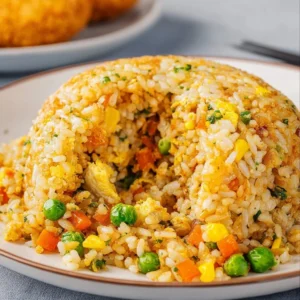 Delicious air fryer fried rice served in a bowl with vegetables and herbs.