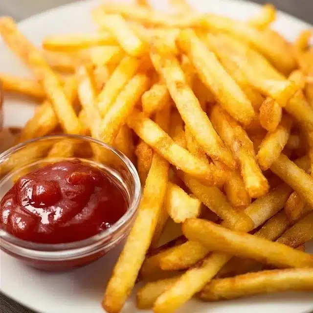 Plate of crispy air fryer frozen french fries served with dipping sauce