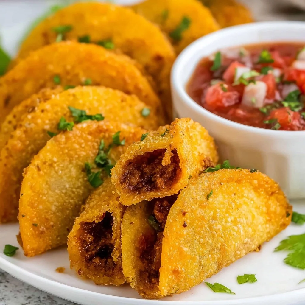 Plate of crispy Air Fryer Frozen Mini Tacos served with toppings