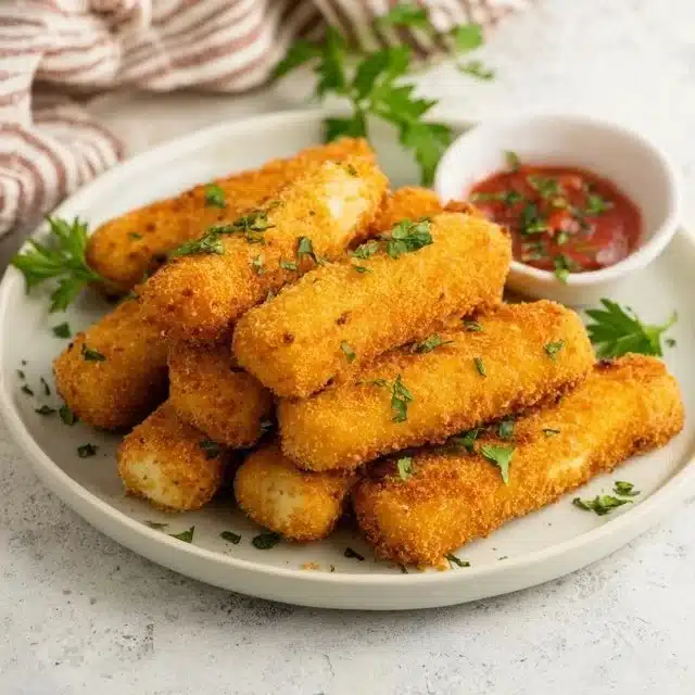 Crispy air fryer frozen mozzarella sticks served with marinara sauce.