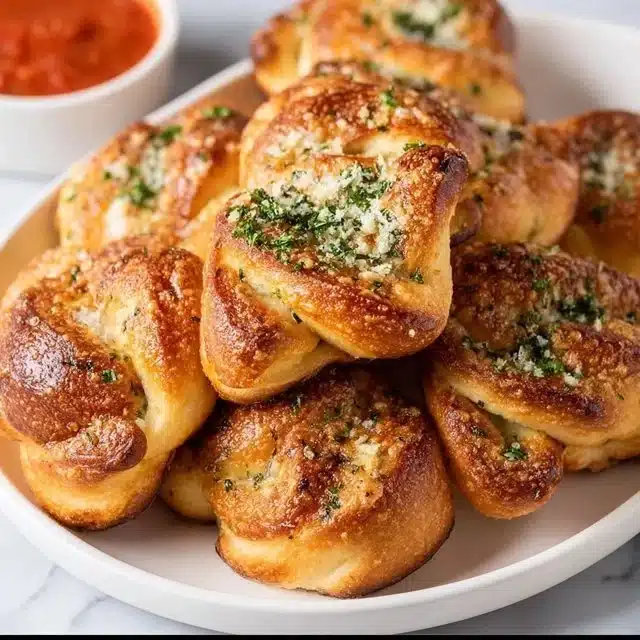 Air Fryer Garlic Knots with garlic butter and herbs, freshly baked and golden brown.