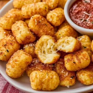 Crispy air fryer gnocchi served with herbs and sauce