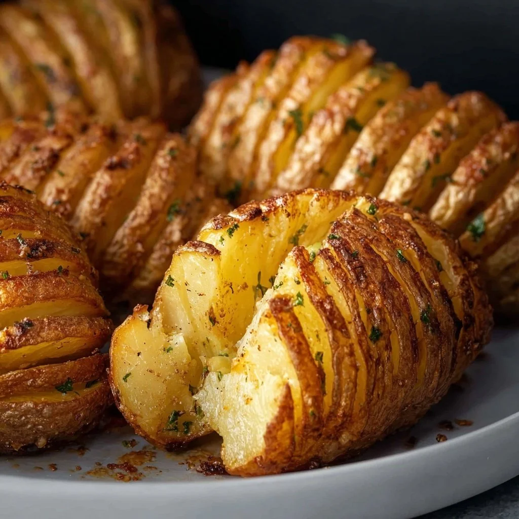 Delicious Air Fryer Hasselback Potatoes served on a plate, garnished and ready to eat.