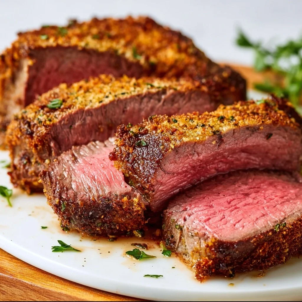 Juicy Air Fryer London Broil sliced and garnished for serving