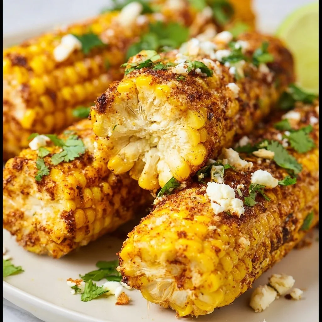 Delicious Air Fryer Mexican Street Corn topped with cheese and spices
