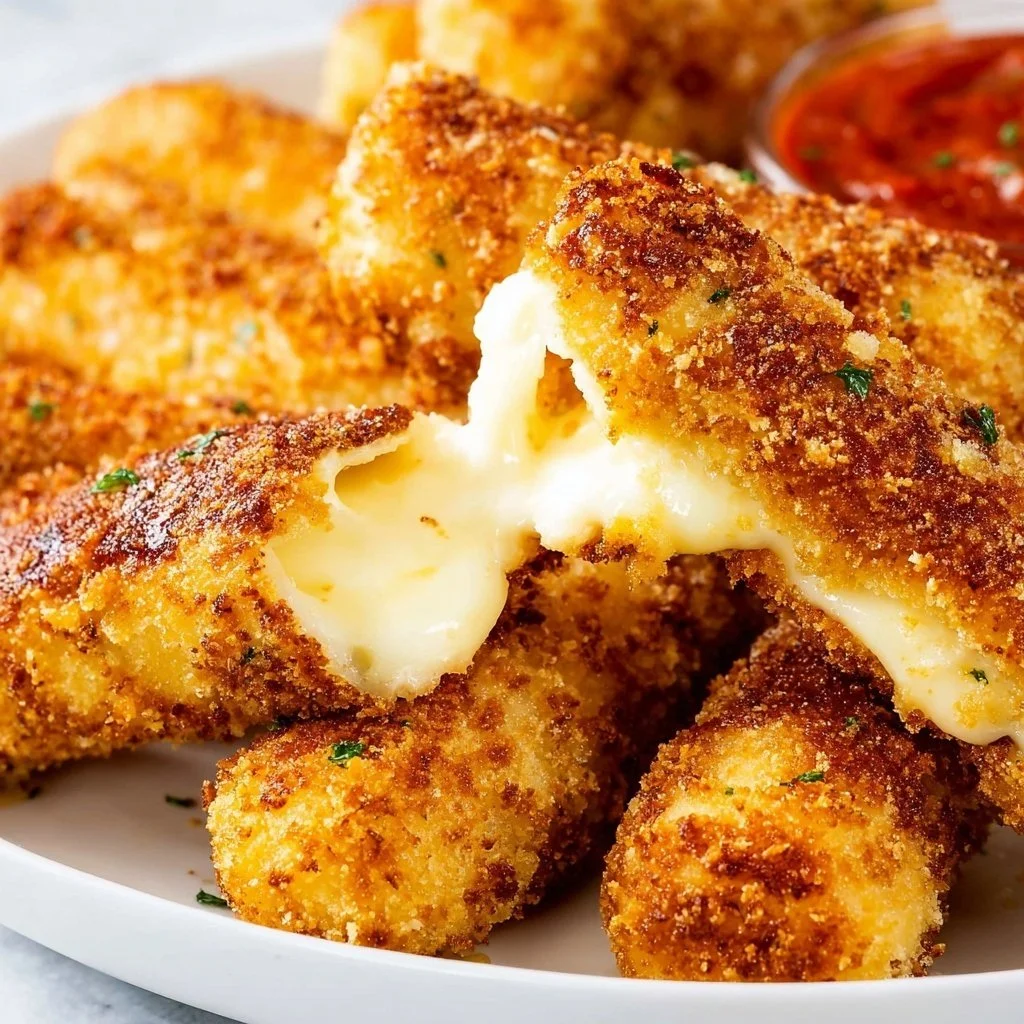 Plate of crispy air fryer mozzarella sticks with marinara sauce on the side