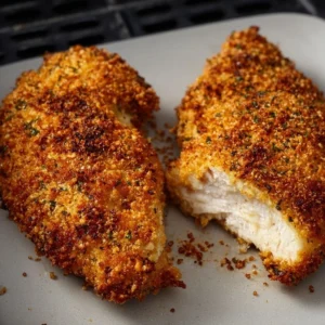 Air Fryer Parmesan Crusted Chicken with golden crust and fresh herbs