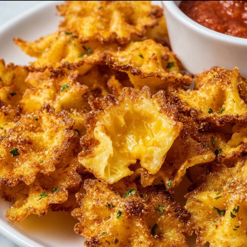 Crispy air fryer pasta chips golden brown and ready to serve as a snack.