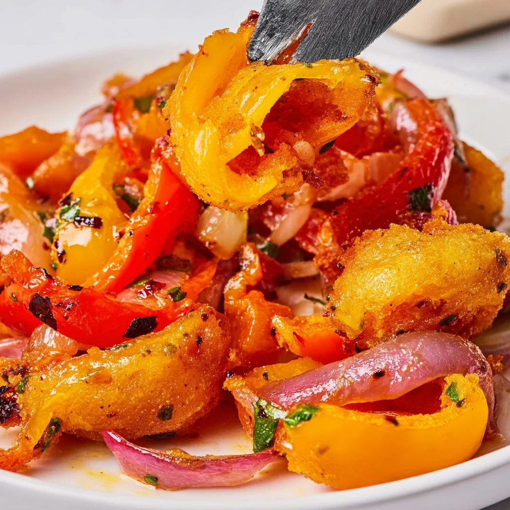 Air fryer cooked peppers and onions in a bowl ready to serve.