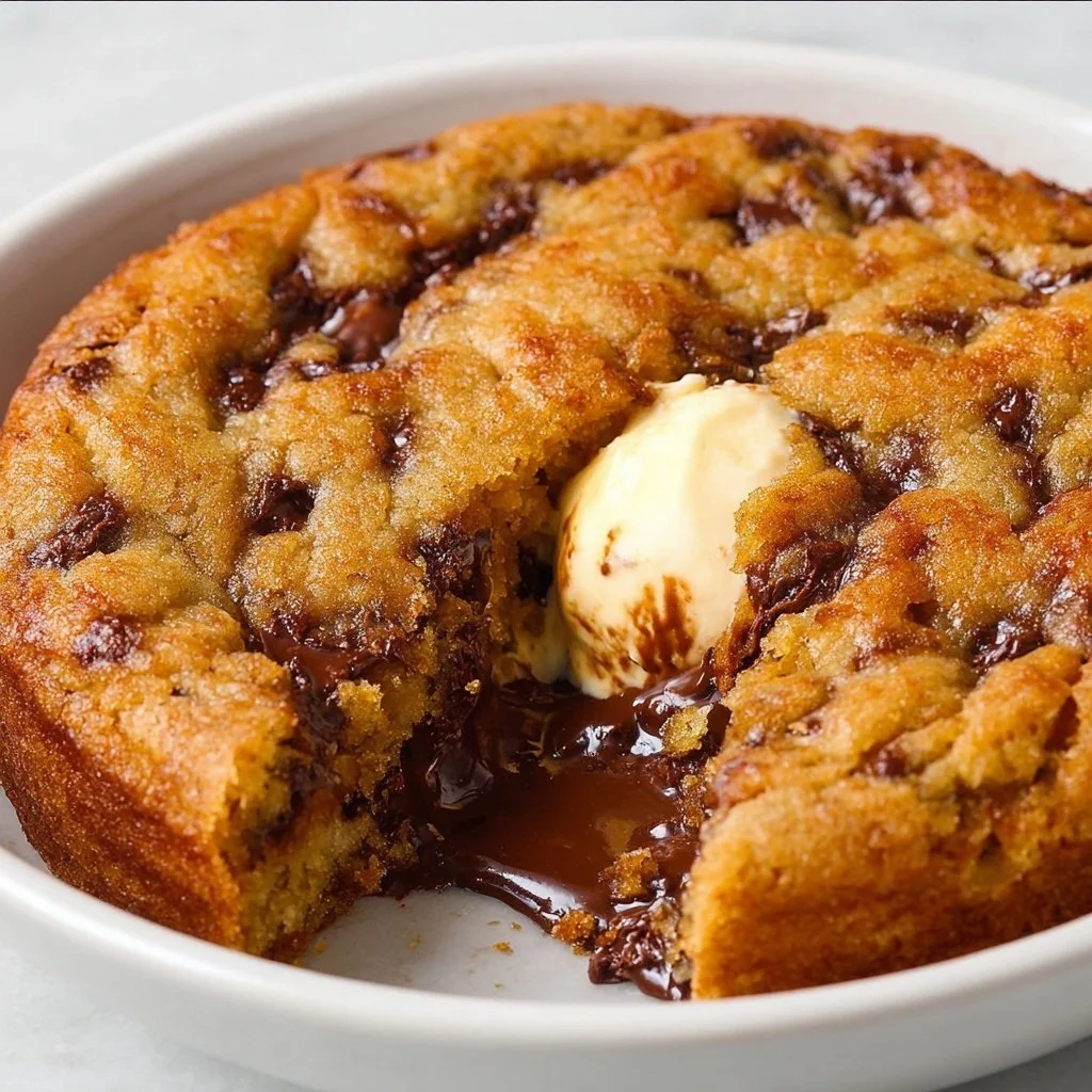 Homemade Air Fryer Pizookie topped with ice cream and chocolate sauce