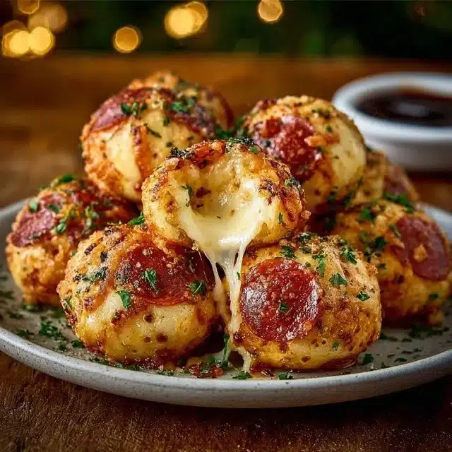 Delicious Air Fryer Pizza Bombs served with marinara sauce.
