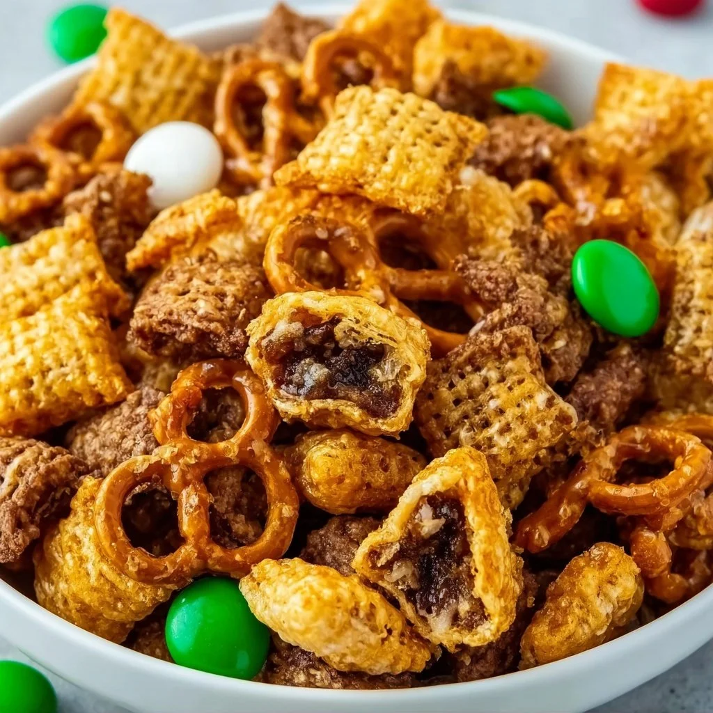 Bowl of Air Fryer Reindeer Chow, a festive holiday snack