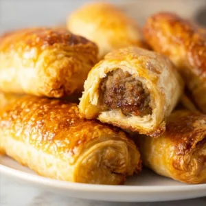 Golden brown air fryer sausage rolls served on a white plate.