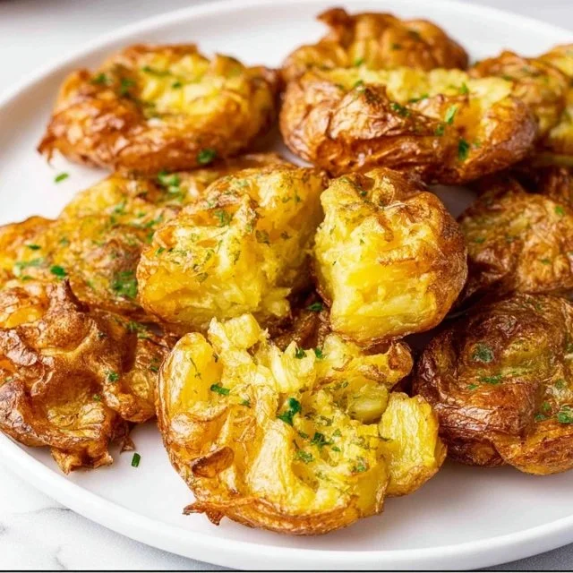 Crispy air fryer smashed potatoes served on a plate with herbs