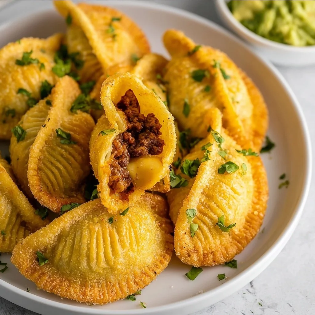 Air Fryer stuffed taco shells filled with meat and cheese, served on a plate.
