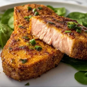 Delicious air fryer tuna steaks cooked to perfection with seasonings.