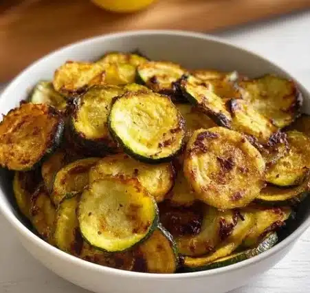 Air fryer zucchini slices with lemon garnish