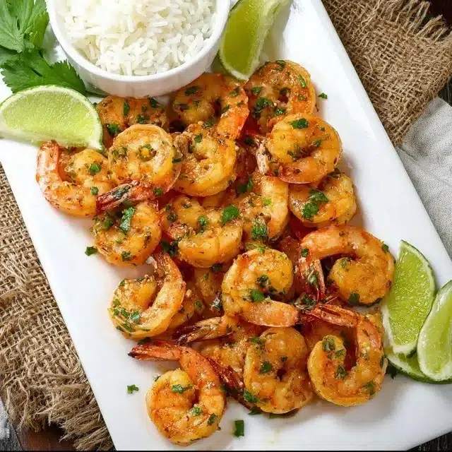 Chili Lime Shrimp garnished with fresh lime and cilantro