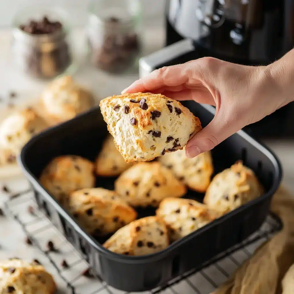 Freshly baked chocolate chip air fryer scones on a cooling rack