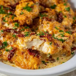 Creamy sun dried tomato chicken cooked in an air fryer, garnished with fresh herbs.