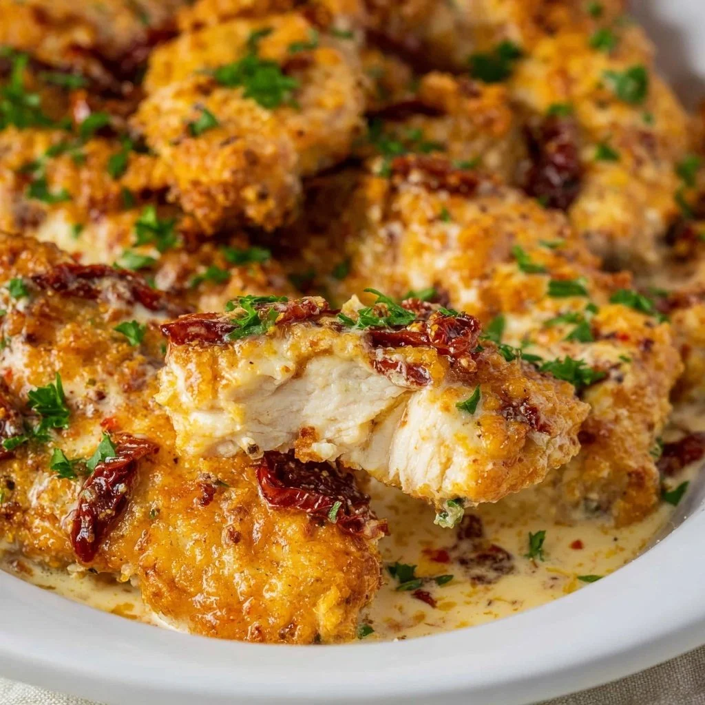 Creamy sun dried tomato chicken cooked in an air fryer, garnished with fresh herbs.