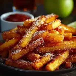 Crispy air fryer apple fries served with dipping sauce on a plate.