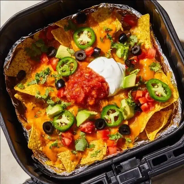 Crispy air fryer nachos topped with cheese and jalapeños