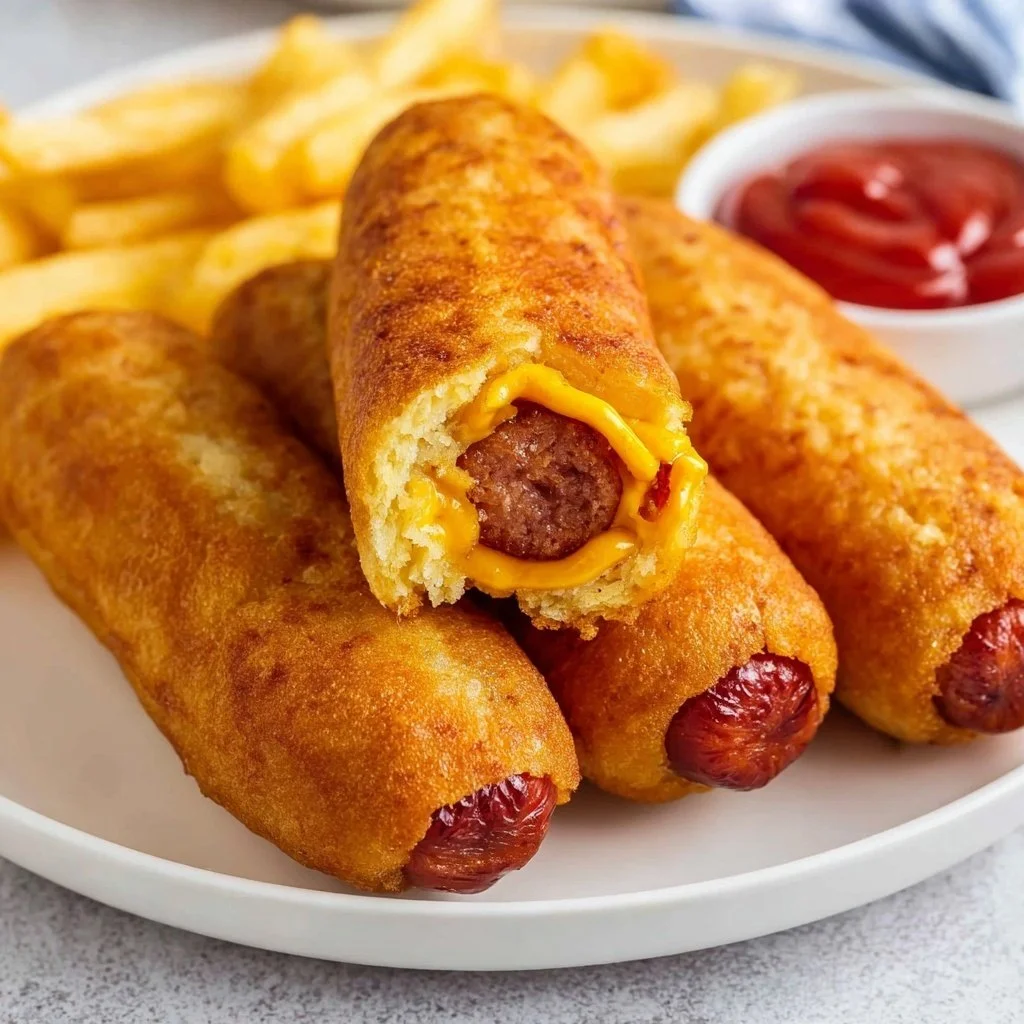 Frozen hot dogs cooked in an air fryer for a crispy, delicious meal