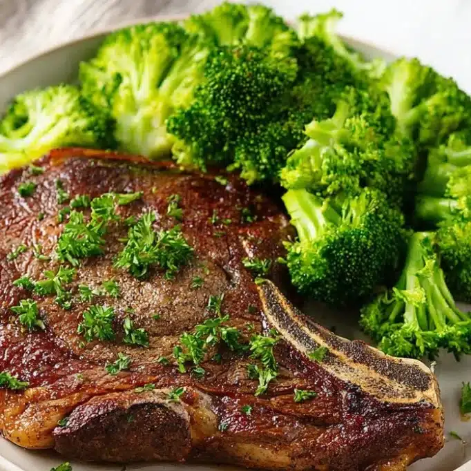 Frozen steak cooked in an air fryer, showcasing a delicious meal ready to serve.